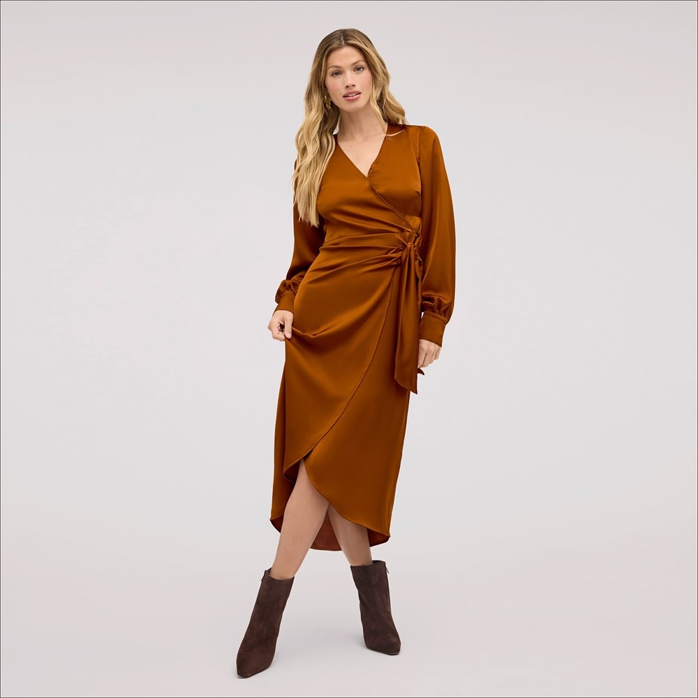 Orange satin wrap dress best sale