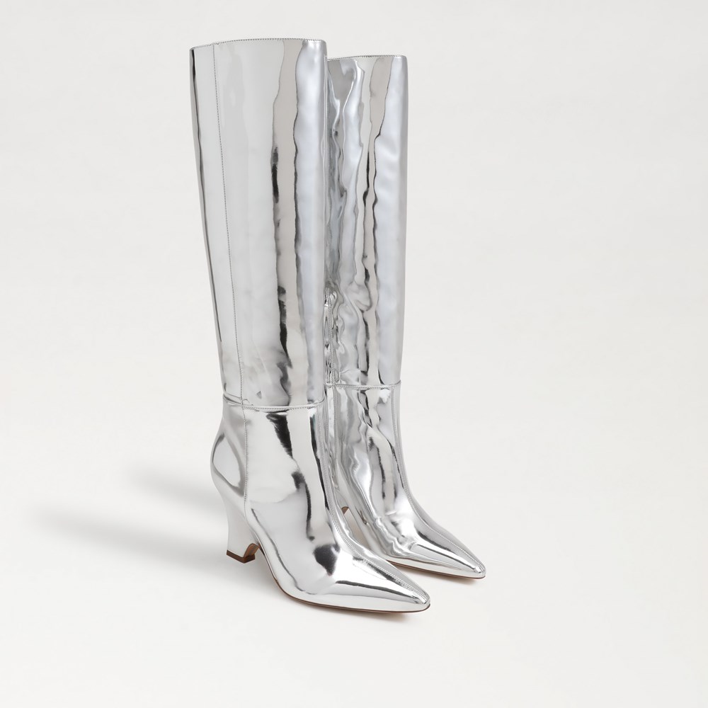 Women's Silver Metallic Western Pointed Wedge Heeled Knee Boots - Size 9