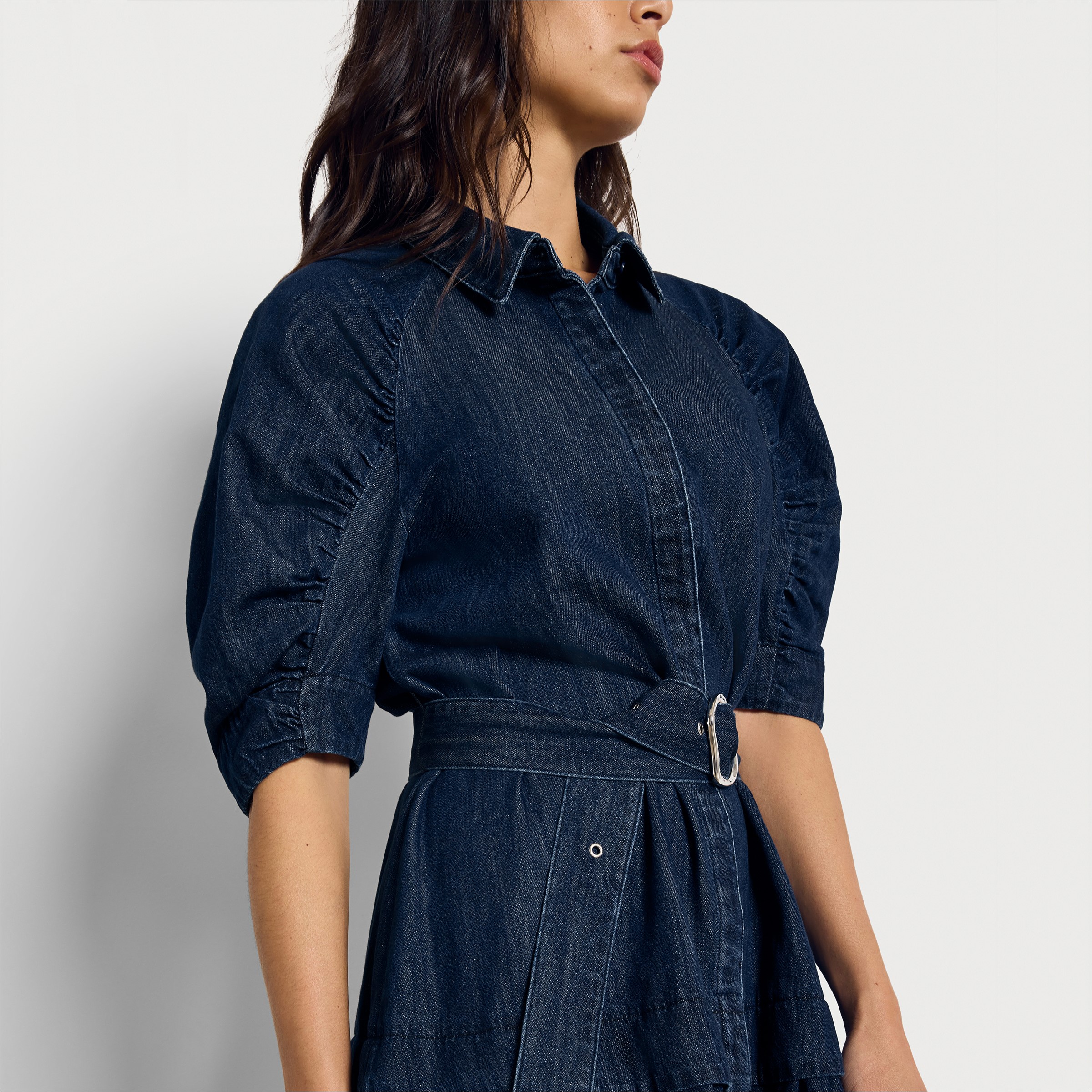 Belted denim mini dress sale