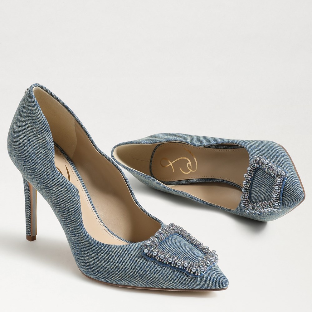 Sam Edelman Harriet Pointed store Toe Bead Embellished High Heel Pumps Washed Blue 7